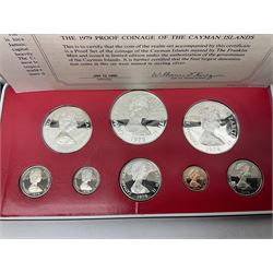 First National Coinage of Barbados 1973 proof eight coin set, from ten dollars to one cent, the ten dollar coin minted in sterling silver, the five dollar coin minted in 800 silver, and a Barbados 1974 proof eight coin set, both minted at The Franklin Mint, cased with certificates; two Republic of Malta decimal proof coin sets, dated 1978 and 1979, the 1979 one pound coin minted in sterling silver, both minted at The Franklin Mint, cased with certificates; Cayman Islands 1973 proof eight coin set, minted at the Royal Canadian Mint, cased; and a Cayman Islands 1979 proof eight coin set, the five dollar to fifty cents coins each minted in sterling silver, minted at the Franklin Mint, cased with certificate (6)