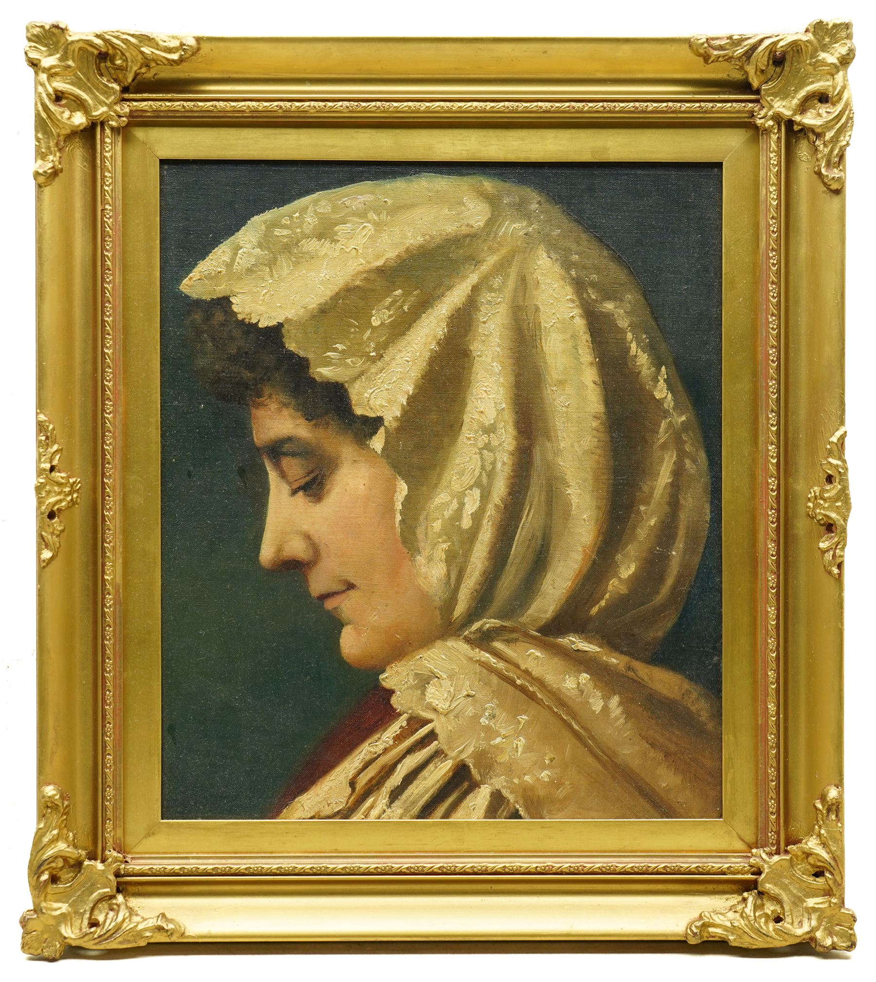Italian School (Late 19th/Early 20th century): Side Profile Portrait of a Woman in a Headscarf, oil on canvas board unsigned, indistinctly inscribed verso 35cm x 30cm