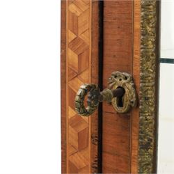 French kingwood display vitrine, rectangular glazed case with baized lined interior, parquetry banding and gilt metal bead mounts, applied gilt metal foliate corner mounts, raised on turned supports united by shaped undertier stretchers