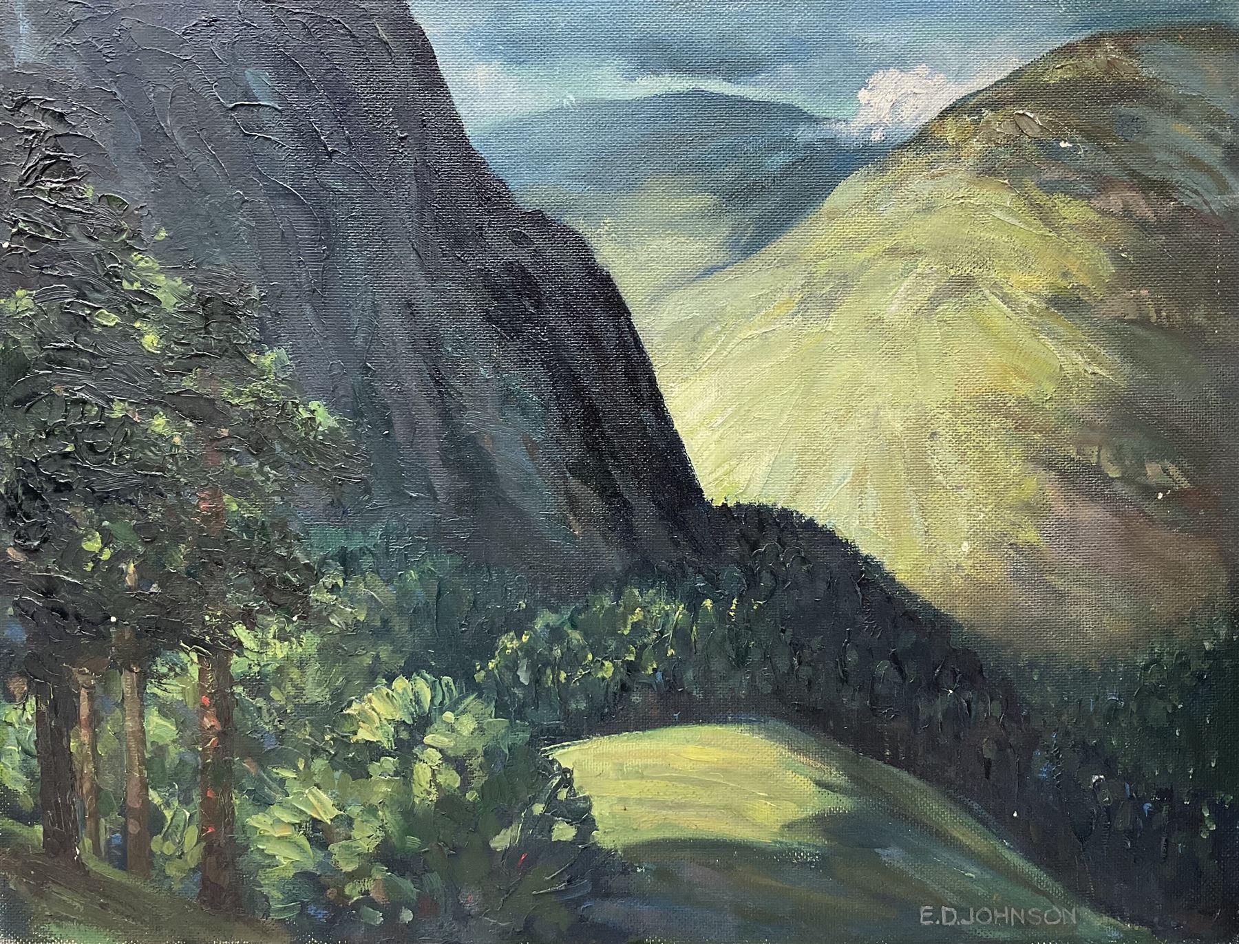 E D Johnson (British 1951-): 'Cumberland', set three oils on board signed, inscribed verso max 55cm x 72cm (3)