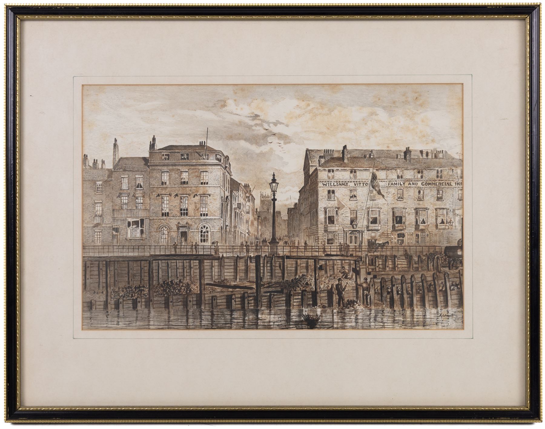 Frederick Schultz Smith (Hull 1860-1925): 'View of the South End & Portion of the New Pier in Progress of Reconstruction', monochrome watercolour and ink signed, titled verso 19cm x 29cm 