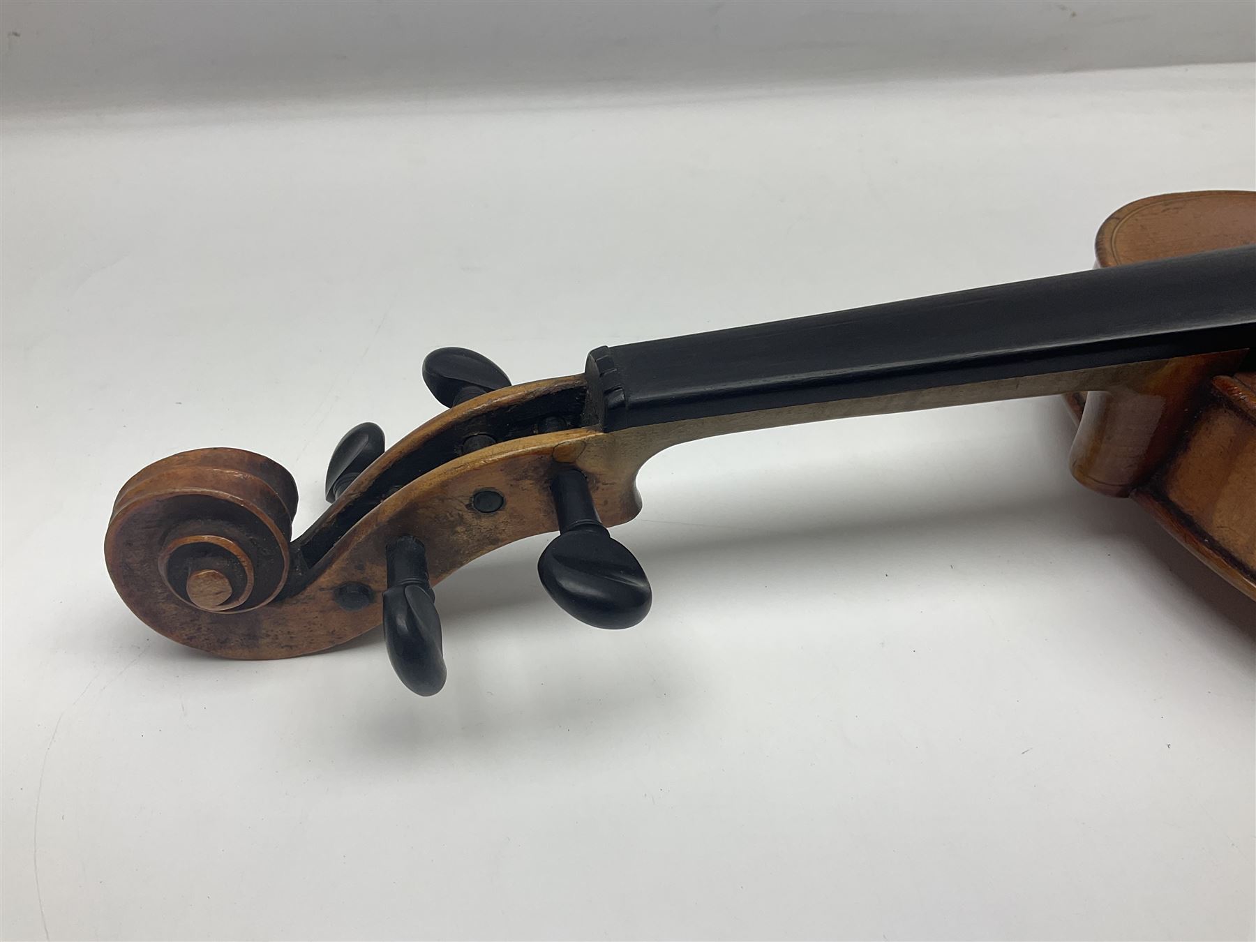 German violin c1900 for re-assembly with 36cm two-piece maple back and ribs and spruce top; L59cm; in ebonised wooden 'coffin' case with two bows