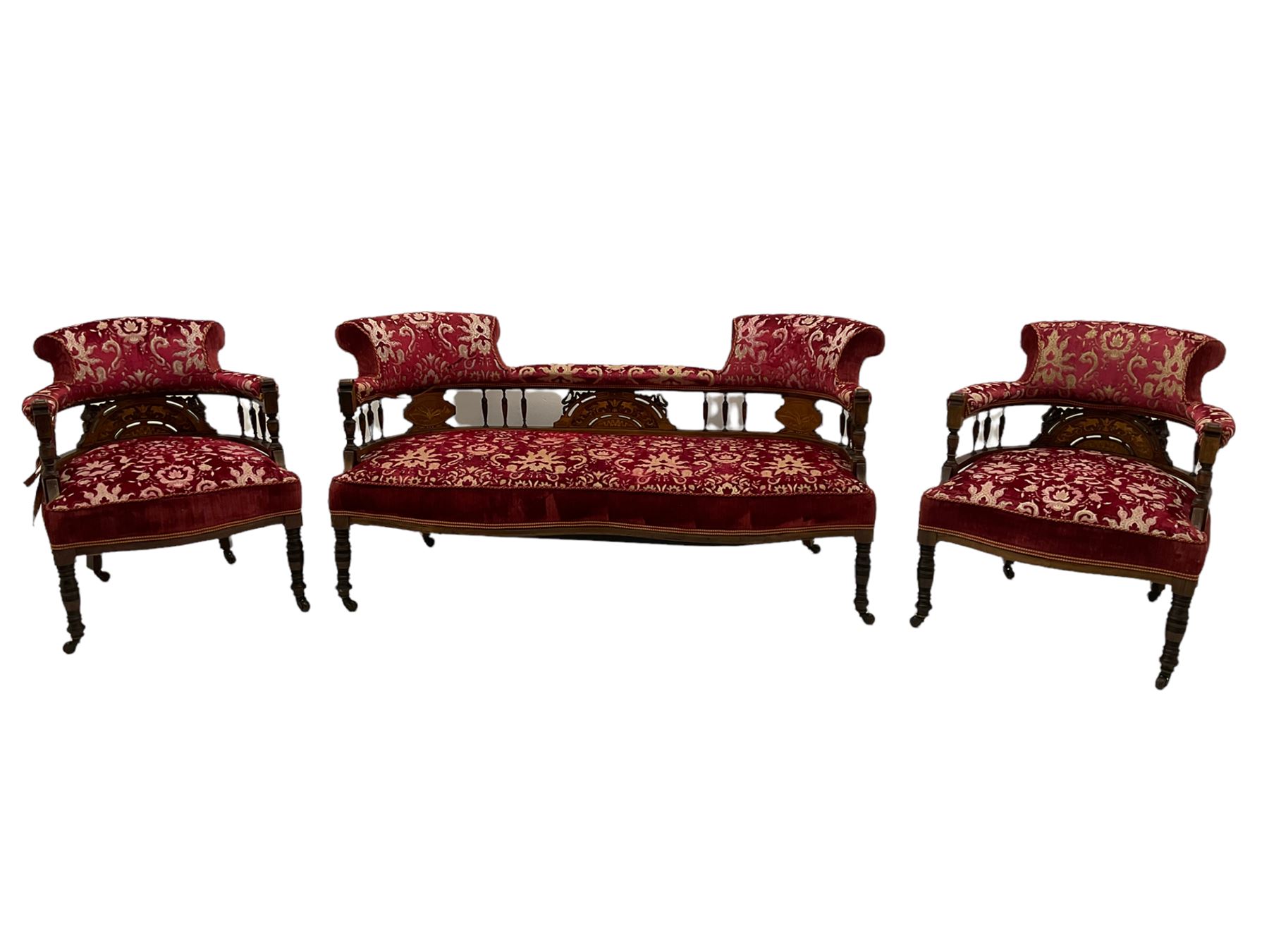 Edwardian inlaid rosewood salon suite, upholstered in red and gold fabric, comprising two seat sofa, pair of tub shaped armchairs, and four side chairs