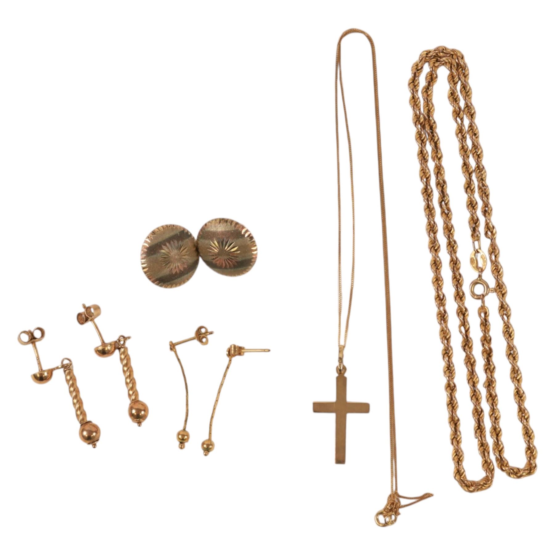 9ct gold jewellery, including gold cross pendant, rope necklace, stud and pendant earrings