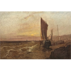 English School (19th century): Beached Fishing Boats at Sunset, oil on canvas unsigned 50cm x 74cm