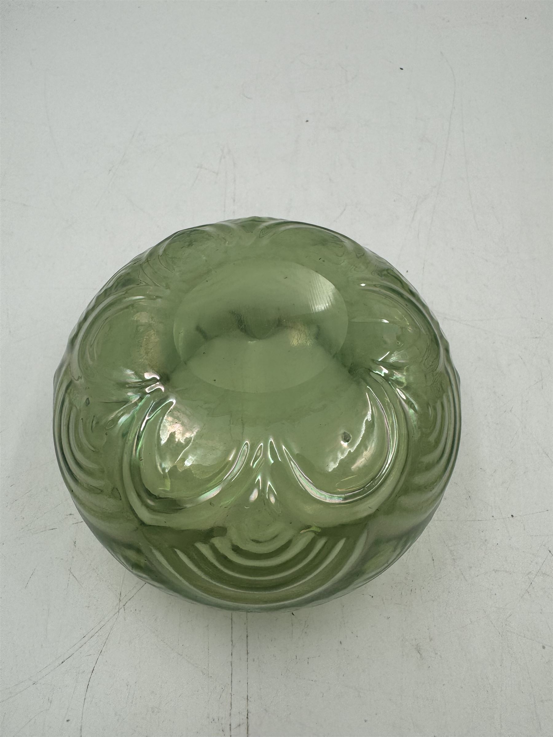 Three Austrian Art Nouveau iridescent glass vases, including a Kralik example of tapering form, with pearlescent lustre body and applied green flower decoration, tallest H18cm