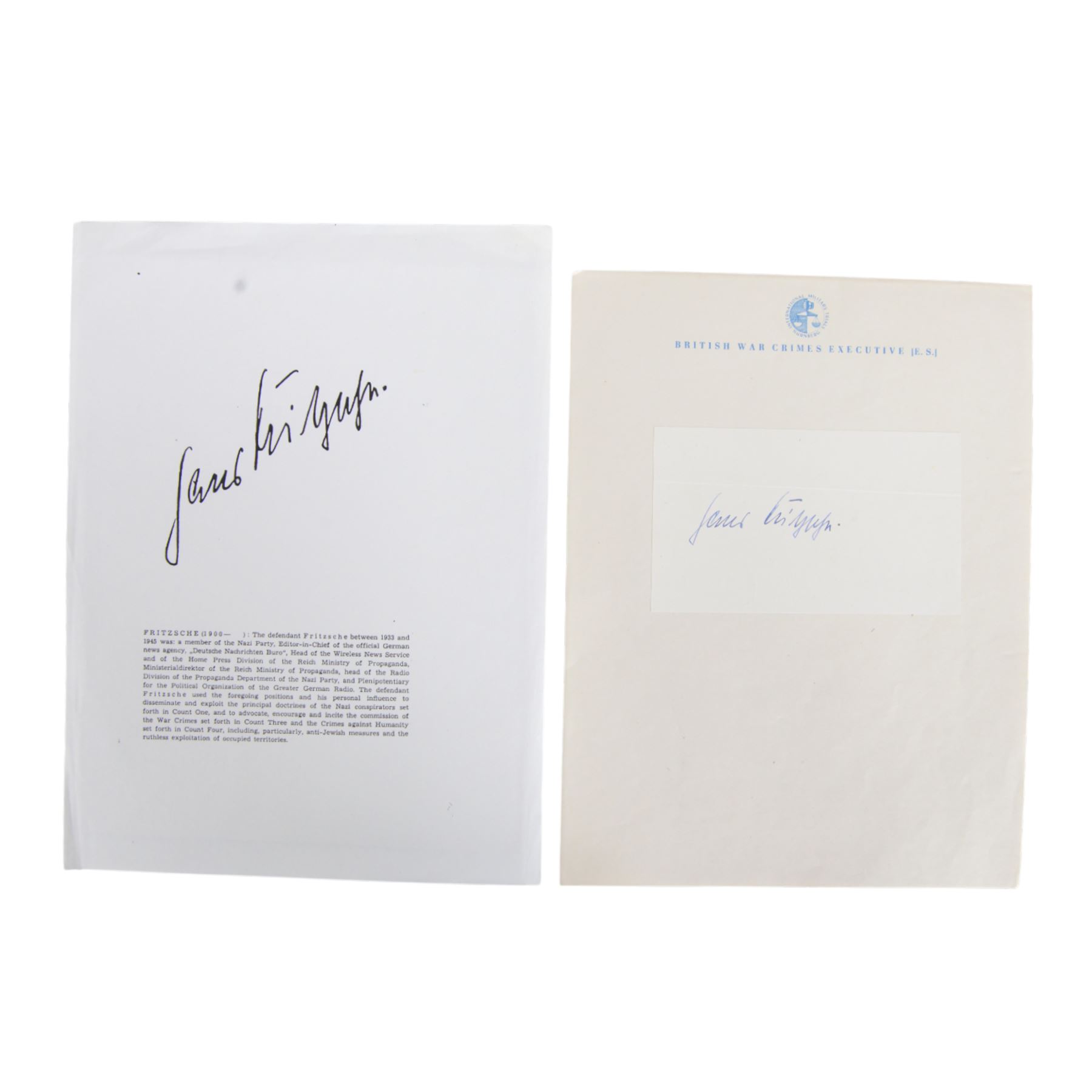 Nuremburg Trails; original signature of Hans Fritzsche Editor Chief of German News Agency, Properganda and Wireless  