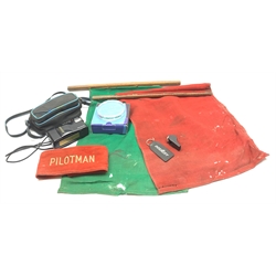  British Rail 'Pilotman' armband, British Rail Guard's red and green flags and Acme whistle, BR 1988 presentation camera and 1996 paperweight and Intercity keyring  
