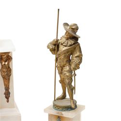 Late 19th century garniture comprising mantel clock in alabaster case and pair of mantel ornaments