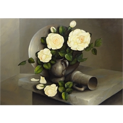  Still Life of Roses in a Pewter Jug, oil on canvas signed by George Leslie Reekie (British 1911-1969) 50cm x 70cm  