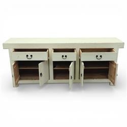 Large painted pine dresser sideboard, fitted with three drawers and five cupboards