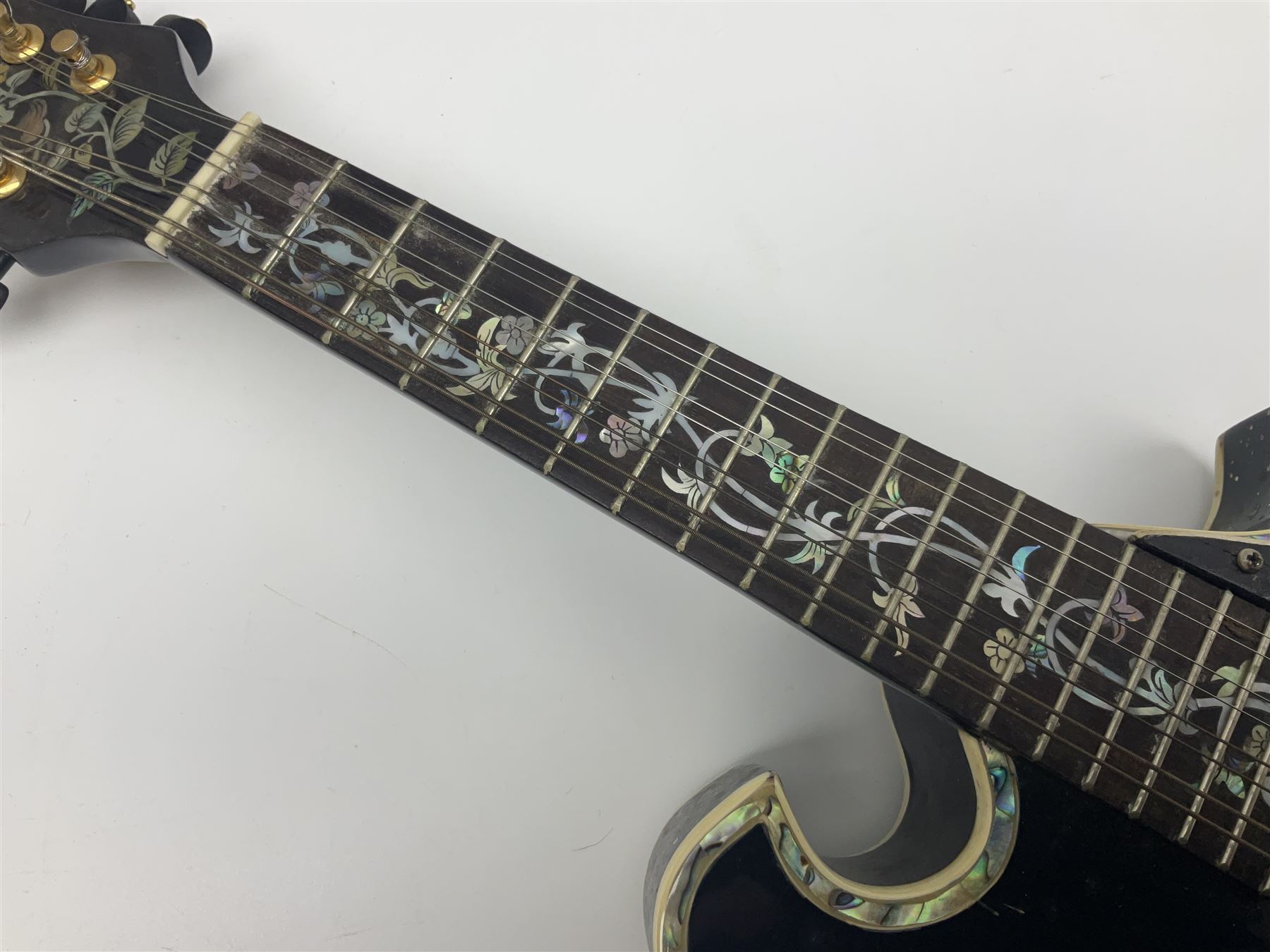 Eastern eight-string F-hole mandolin with blue sunburst finish and mother-of-pearl inlay of flowers and birds L69cm