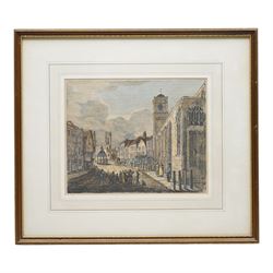 Henry Cave (British 1779-1836): 'Pavement with the Churches of St Crux and All Saints' York, early 19th century etching with hand-colouring 21cm x 25cm
Notes: the church on the right is St Crux's, which was demolished in the 1887, now all that remains is the little church hall at the bottom of the Shambles. 