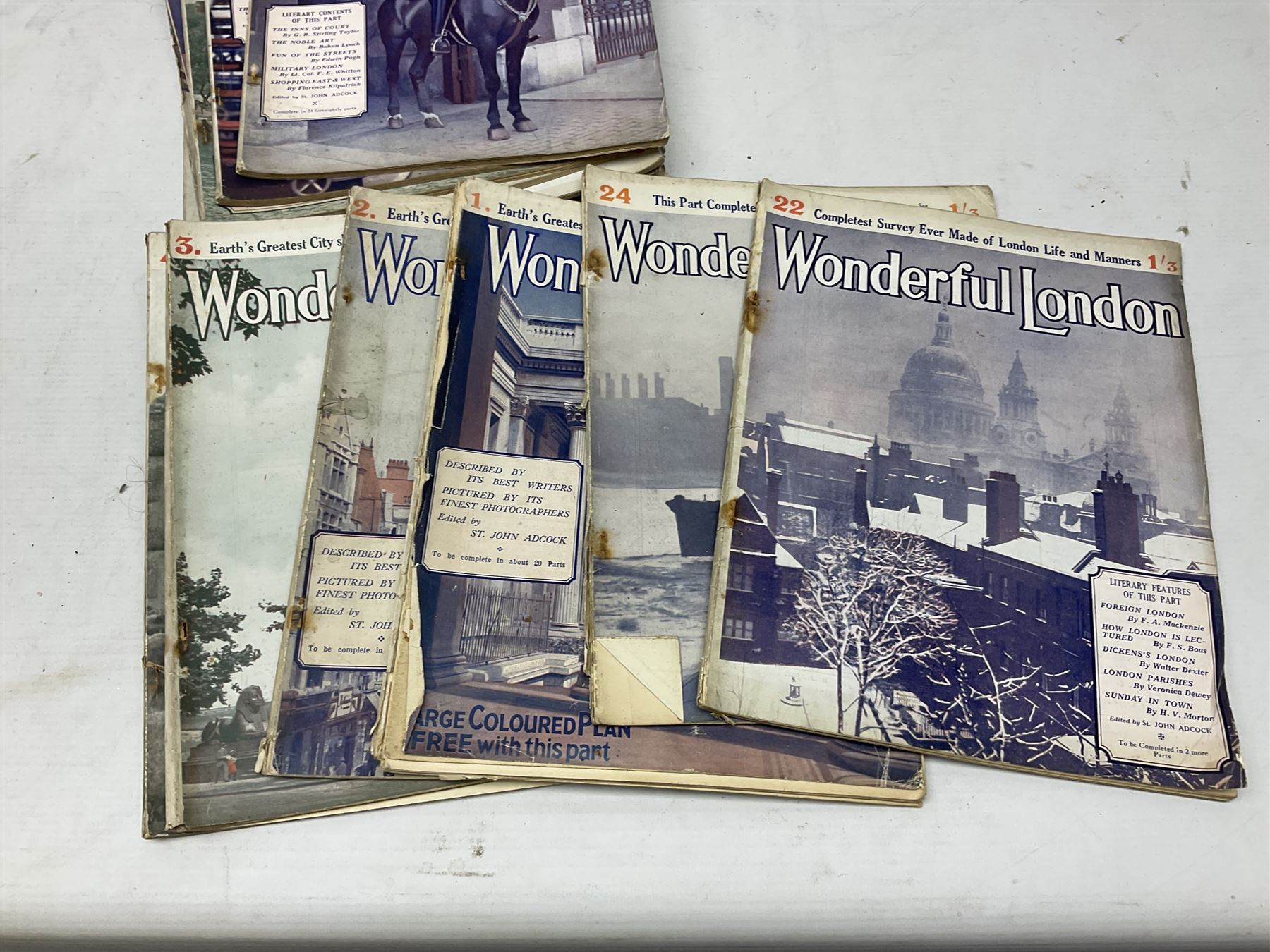 Twenty-three volumes of Wonderful London, early 20th century, edited by St John Adcock, together with WWII Hitler Passed This Way published by the London Evening News, together with Late 19th/early 20th century Amherst Imari style bowl, together with a Bisto blue bowl decorated with blossoming branches, quantity of 19th century and later blue and white ceramics to include twin handled footed dishes etc