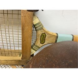 Quantity of early 20th century and later tennis rackets, to include Artus Majesty, Dunlop Alpha, Atlas Silver Shield and Raleigh Konni, together with a stitched rugby ball