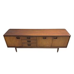 William Lawrence of Nottingham - mid-20th century teak sideboard, with low gallery back over three short drawers and a fall front, flanked by two cupboard doors, enclosing shelves, raised on tapering cylindrical supports, makers mark stamped inside drawer