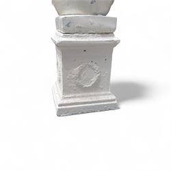 Cast stone garden statue, painted in a white finish on plinth