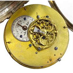 19th century silver open face French verge calendar pocket watch, front wound, white enamel dial with outer Arabic minute ring, separate dials for time, day and date, engine turned screw back case engraved 9713