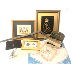  WW2 Royal Artillery plated Plotting Protractor No.2A Mk.1, dated 1940, L52cm, three pairs of compasses with broad arrow mark, WW1 embroidered silk doily and handkerchiefs, framed cigarette silks, boxed needlework set etc  