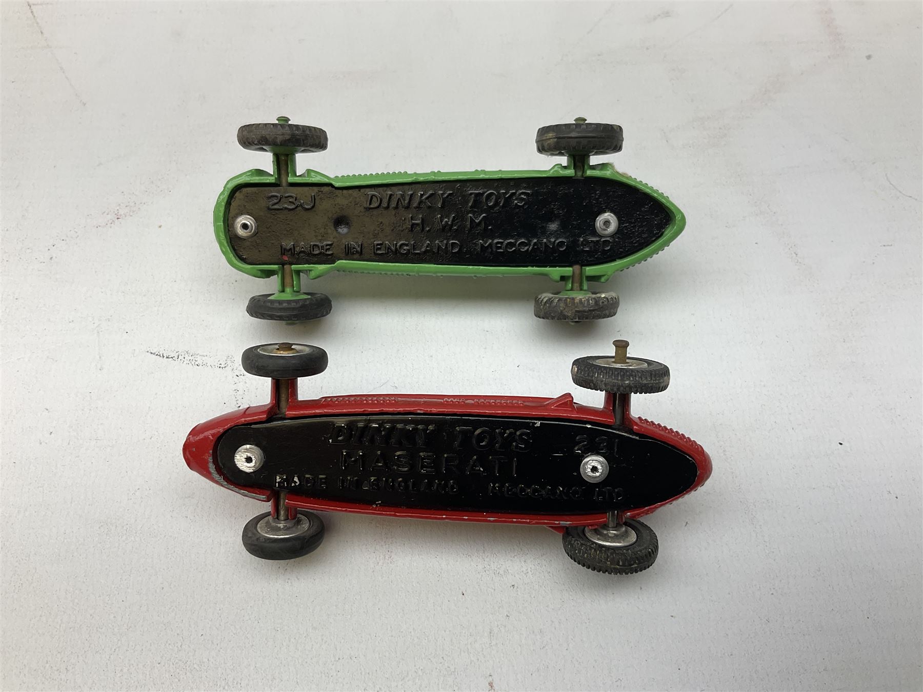 Dinky - five unboxed and playworn die-cast models comprising Supertoys Big Bedford Van 'Heinz' No.923; A.E.C. Monarch Thompson Tank; Maserati Racing Car No.231; H.W.M. Racing Car 23J; and Royal Mail Van; together with a Corgi Mobilgas Tanker (6)