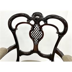 Pair late Victorian mahogany armchairs, shaped cresting rail, carved and pierced splat, upholstered serpentine front seat, french cabriole legs 
