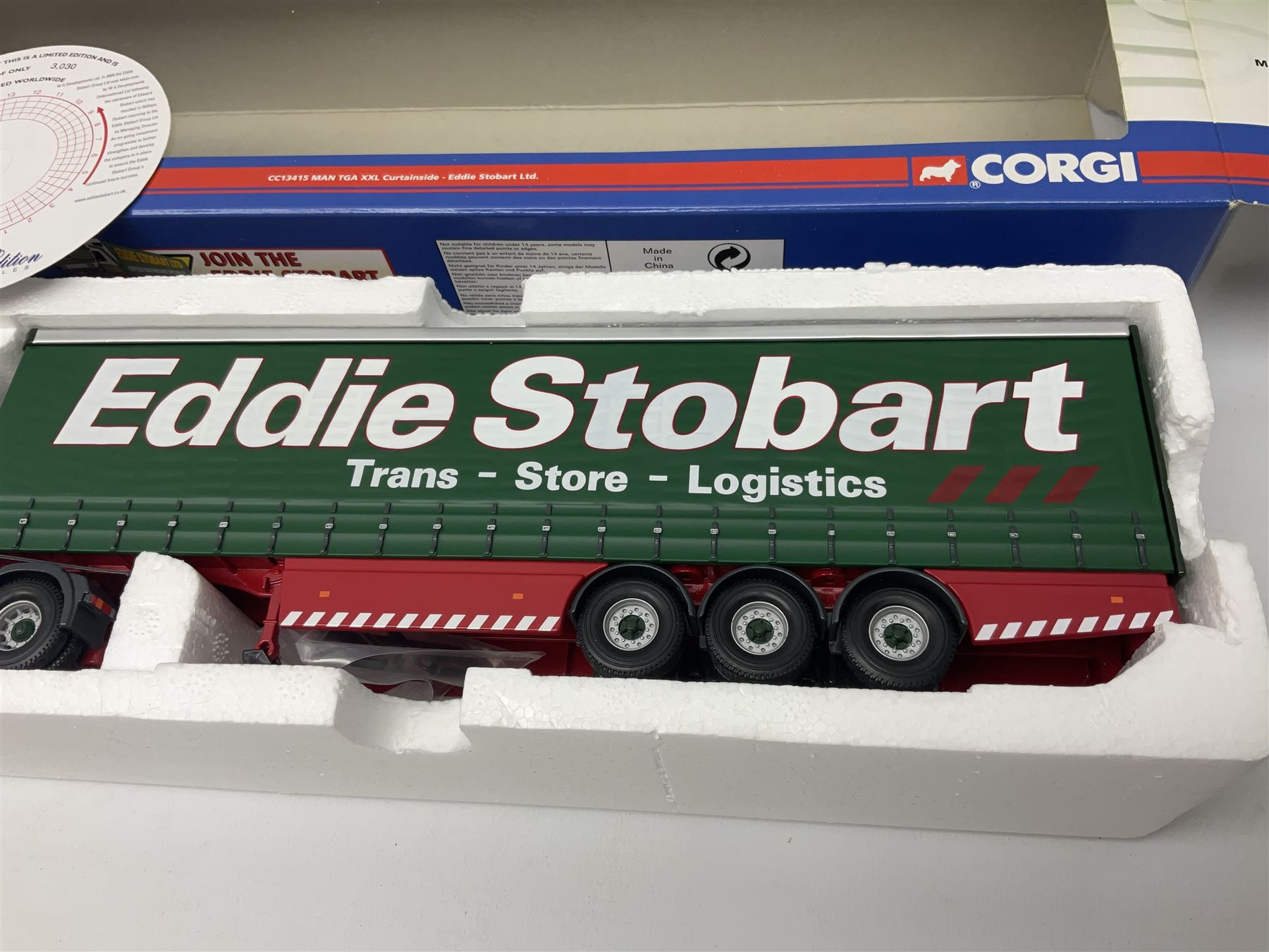 Corgi Eddie Stobart - three limited edition lorries; two Hauliers of Renown - CC13415 MAN TGA XXL Curtainside and CC14002 Volvo FH Curtainside; and  CC12607 Scammell Crusader Tautliner; all boxed (3)