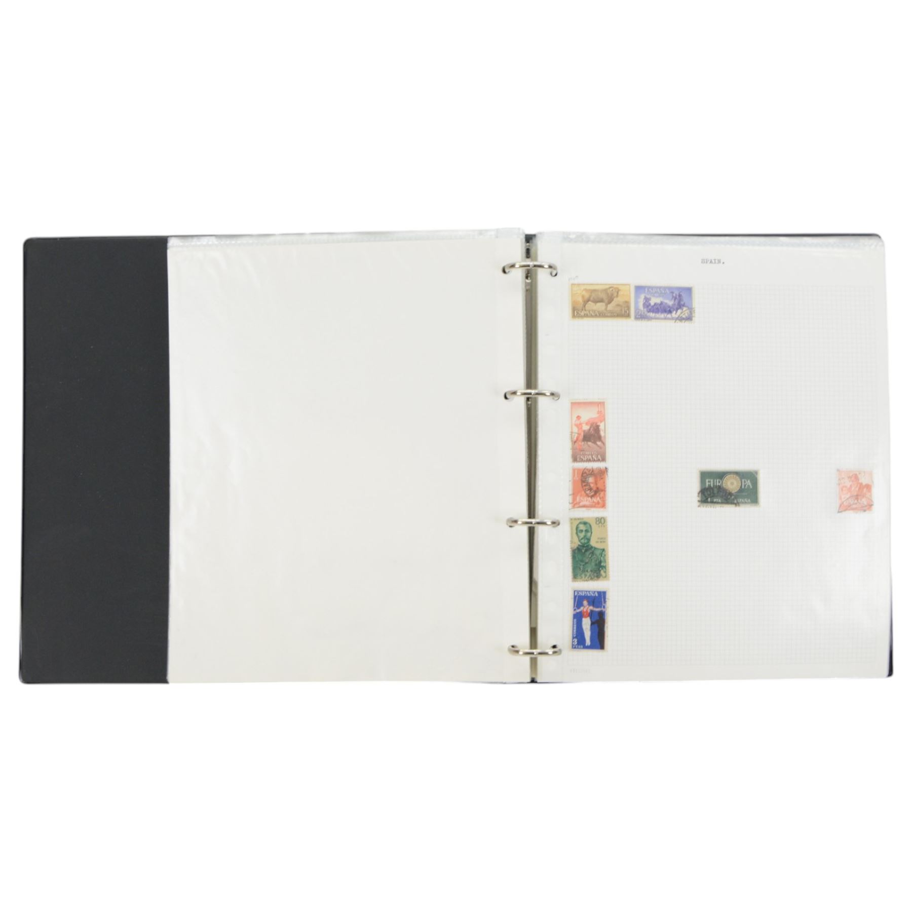 World stamps including Aden, Brunei, Rwanda, Spain, Ireland, Italy, Japan, Hungary, Germany, France, Portugal, Namibia, Netherlands, New Zealand, St Lucia, Malaysia etc, housed in ten ring binder folders