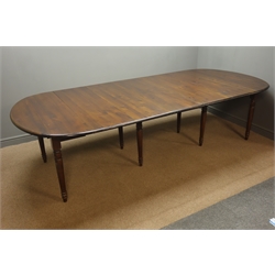  Oka Petworth French walnut extending dining table with five leaves, eight turned supports, W135cm, H80cm, L310cm  