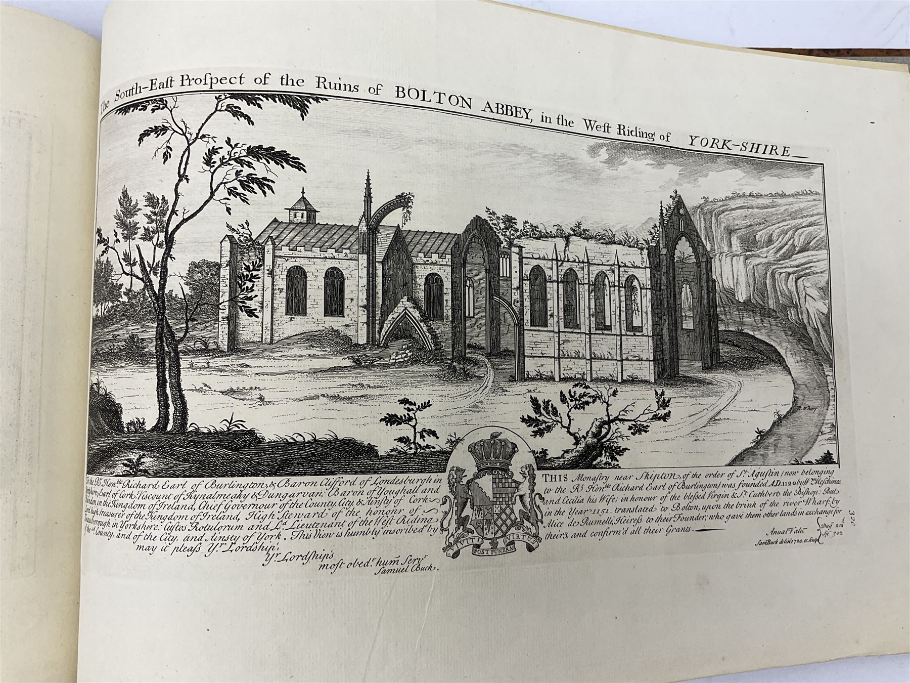 Samuel Buck: Ruins, Abbeys and Castles of Yorkshire. Bound collection of twenty-five engraved views dated 1720 - 1728 including Burstal Abbey Hull, Bolton Abbey, Whitby Abbey, Scarborough Castle, Malton Priory etc and list of subscribers; oblong folio; mottled half leather and suede binding by Etherington, Thorpe & Co., Pudsey