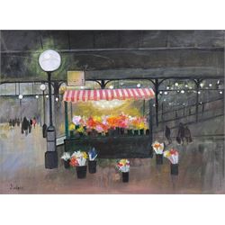 Janet Ledger (British 1931-): 'Flowers at Newcastle Station II', acrylic on board signed, titled on gallery label verso 22cm x 29cm 
Provenance: exh. Linda Blackstone Gallery, Pinner 2006, label verso