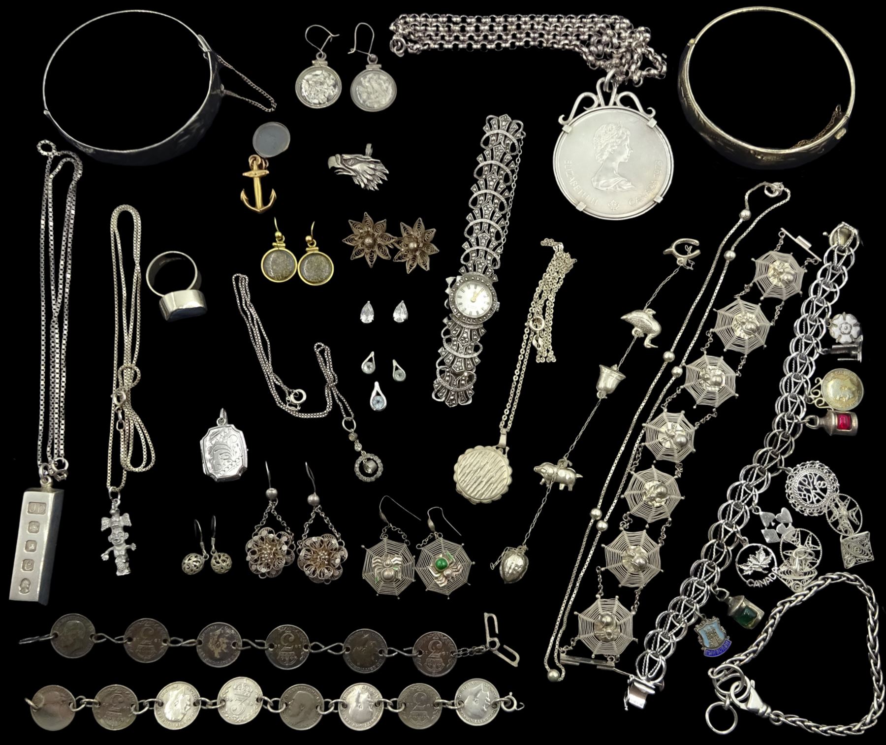 Pair of 9ct gold pendant earrings and collection of early 20th century and later stone set silver and silver jewellery including 1976 Montreal Olympic 10 dollars coin, loose mounted in pendant necklace, marcasite wristwatch, Swedish ring, hinged bangles, coin bracelets, etc, all hallmarked or tested