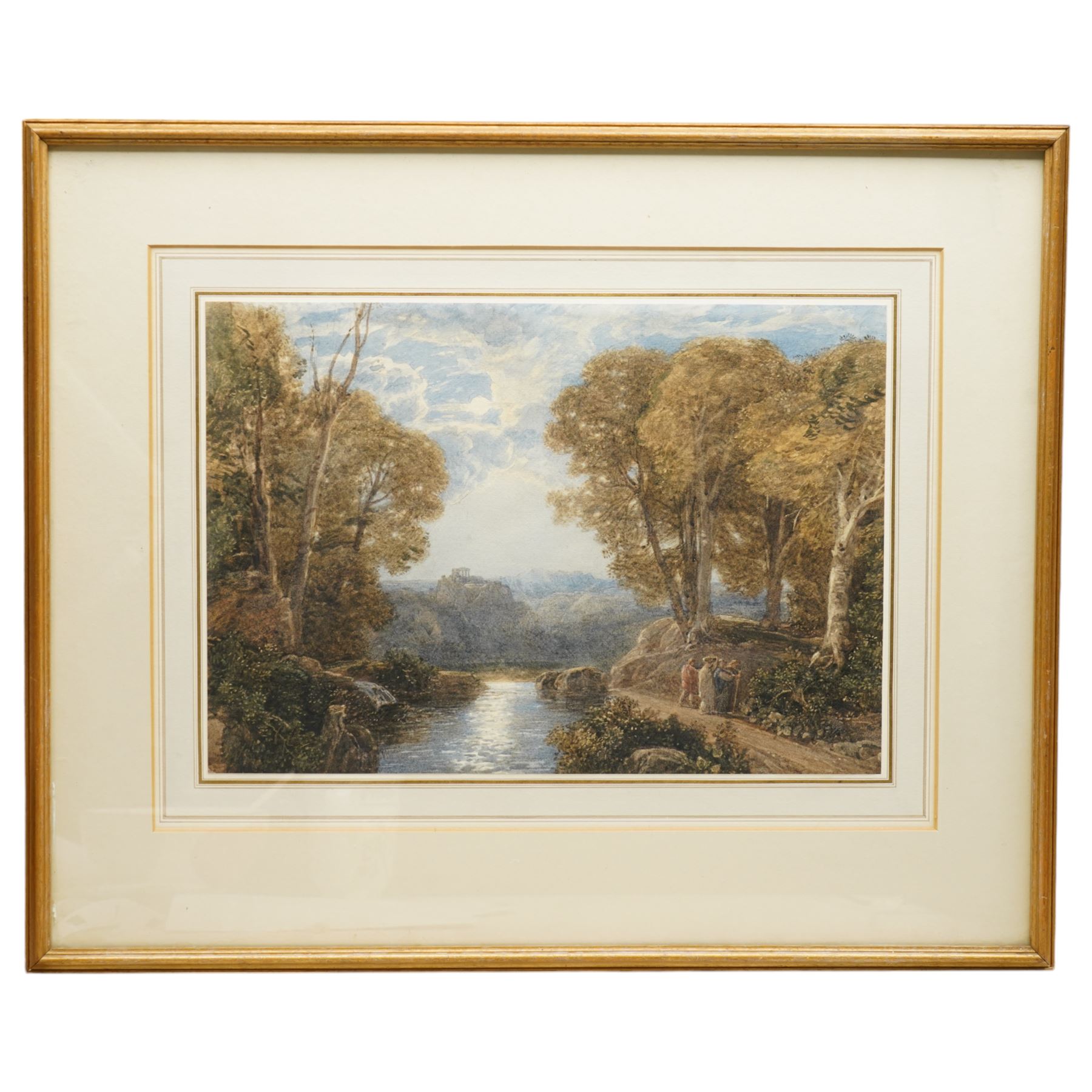 Francis Oliver Finch (British 1802-1862): Arcadian Landscape with Figures and Classical Ruins to the Distance, watercolour possibly signed 28cm x 41cm