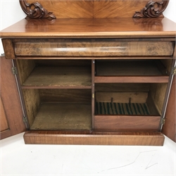 19th century mahogany chiffonier sideboard, raised shaped and carved back, single frieze drawer above two cupboards enclosing two drawers, plinth base, W115cm, H151cm, D54cm
