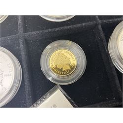Single owner lifetime collection of mostly commemorative modern World coins with gold, silver and base metal examples, including two Queen Elizabeth II Bailiwick of Guernsey twenty-five pound gold coins 'The 1999 Royal Wedding' and '100th Anniversary of the End of the Victorian Era' 2001 each in 24 carat gold weighing 7.81 grams with certificates, silver coins commemorating the Millennium 2000 including Guyana sterling silver proof two-thousand dollars, Fiji sterling silver proof five dollars etc, silver coins from the Queen Elizabeth II Golden Jubilee Collection dated either 2002 or 2003 from Great Britain and the Commonwealth countries, United Kingdom commemorative crowns in card folders, The Royal Mint United Kingdom 1997 proof coin set in red folder without certificate etc