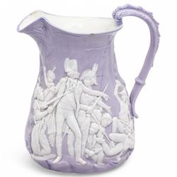 Samuel Alcock & Co lavender jug, decorated in relief with a Napoleonic scene from the Siege of Acre 1799, black printed mark to base, H22.5cm 