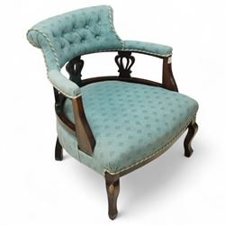 Late Victorian mahogany upholstered tub chair, curved button-back with rope-edge trim over...