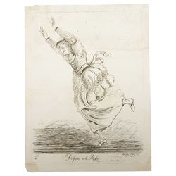 James Sayers (British 1748-1823): 'Delpini à la Rossi - Grace was all in her Steps', late 18th century satirical etching pub. Thomas Cornell 1794, 33cm x 27cm with full margins (unframed)
Notes: Delpini was a well-known Italian performer/clown, here, falling mid-dance in imitation of the celebrated ballerina Rossi. 