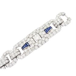 Art Deco platinum milgrain set old cut diamond and calibre cut Burmese sapphire link bracelet, the three principal diamonds each approx 0.50 carat, total diamond weight approx 13.00 - 14.00 carat, stamped Pt, circa 1925, in fitted box by Licht & Morrison, London