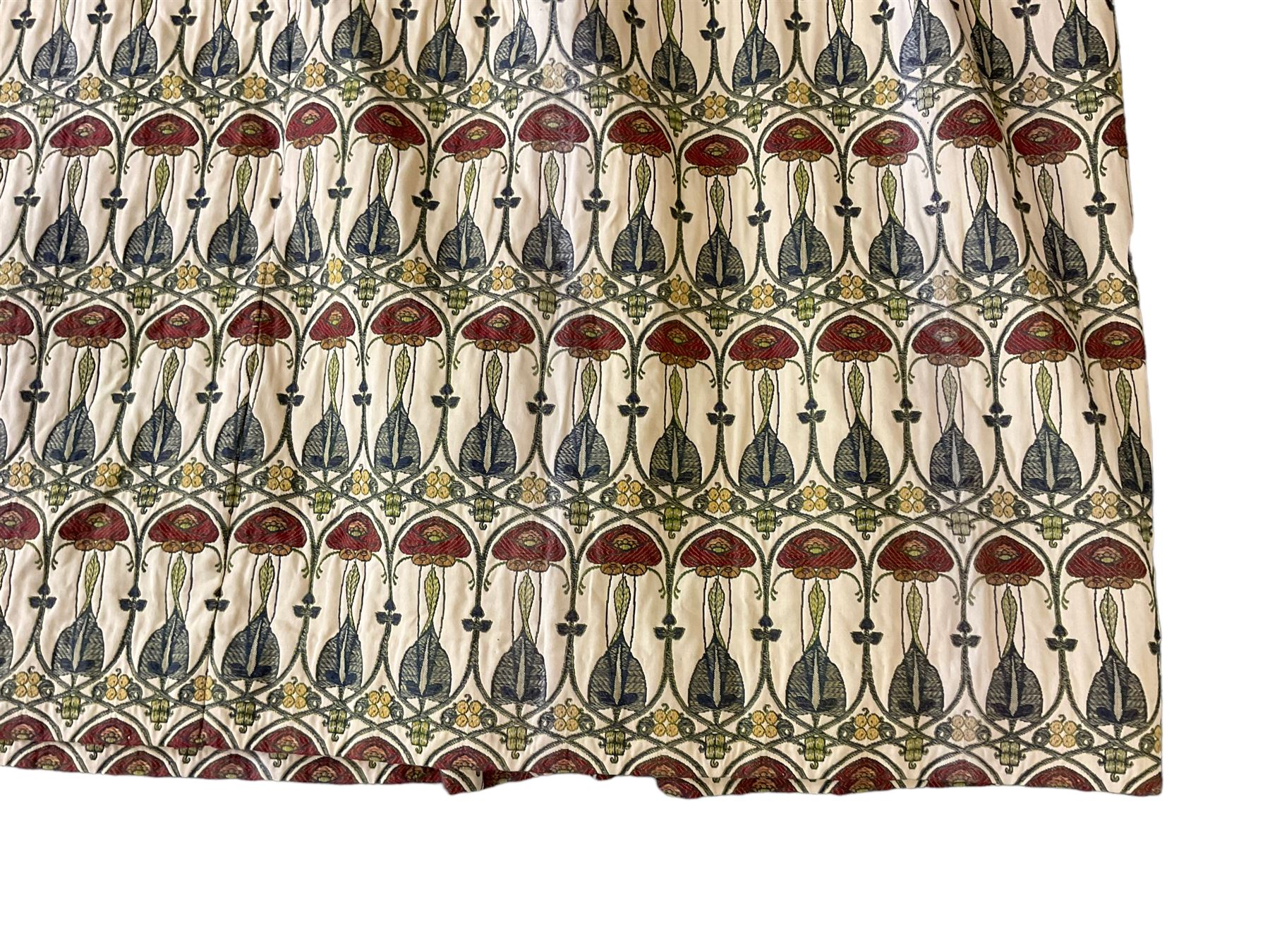 Two pairs of lined curtains in Mackintosh fabric, with pencil pleated headers,  first pair width at headers - 177cm, drop - 265cm, second pair width - 170cm, drop - 210cm
