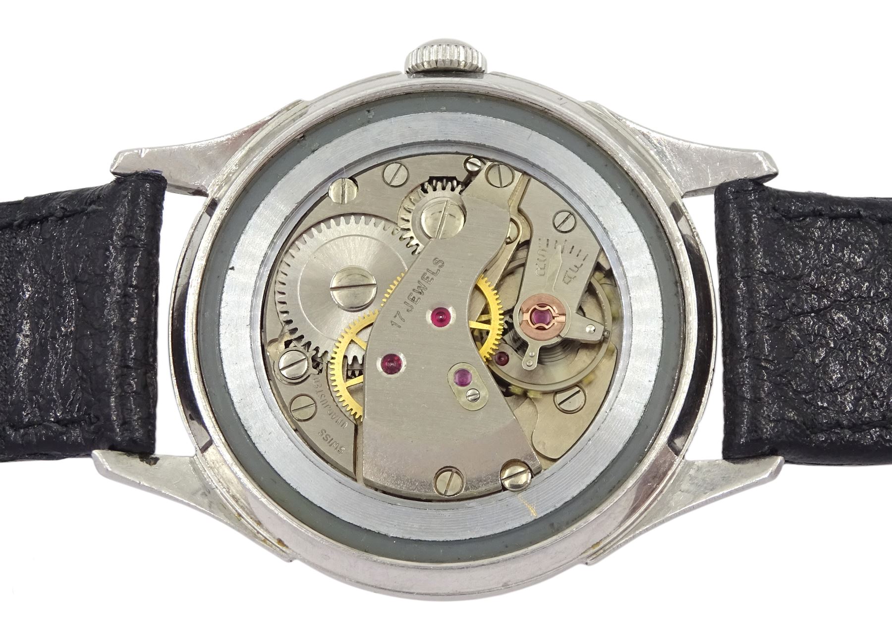 Breitling gentleman's stainless steel manual wind wristwatch, Ref. 2905 29, case No. 631598, on black leather strap