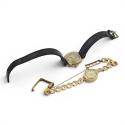 9ct gold cased ladies wristwatches, comprising a Harral Incabloc on gold bracelet and a go...