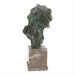 Bronze bust of a boy wearing a hat, upon a stepped marble base, H37cm