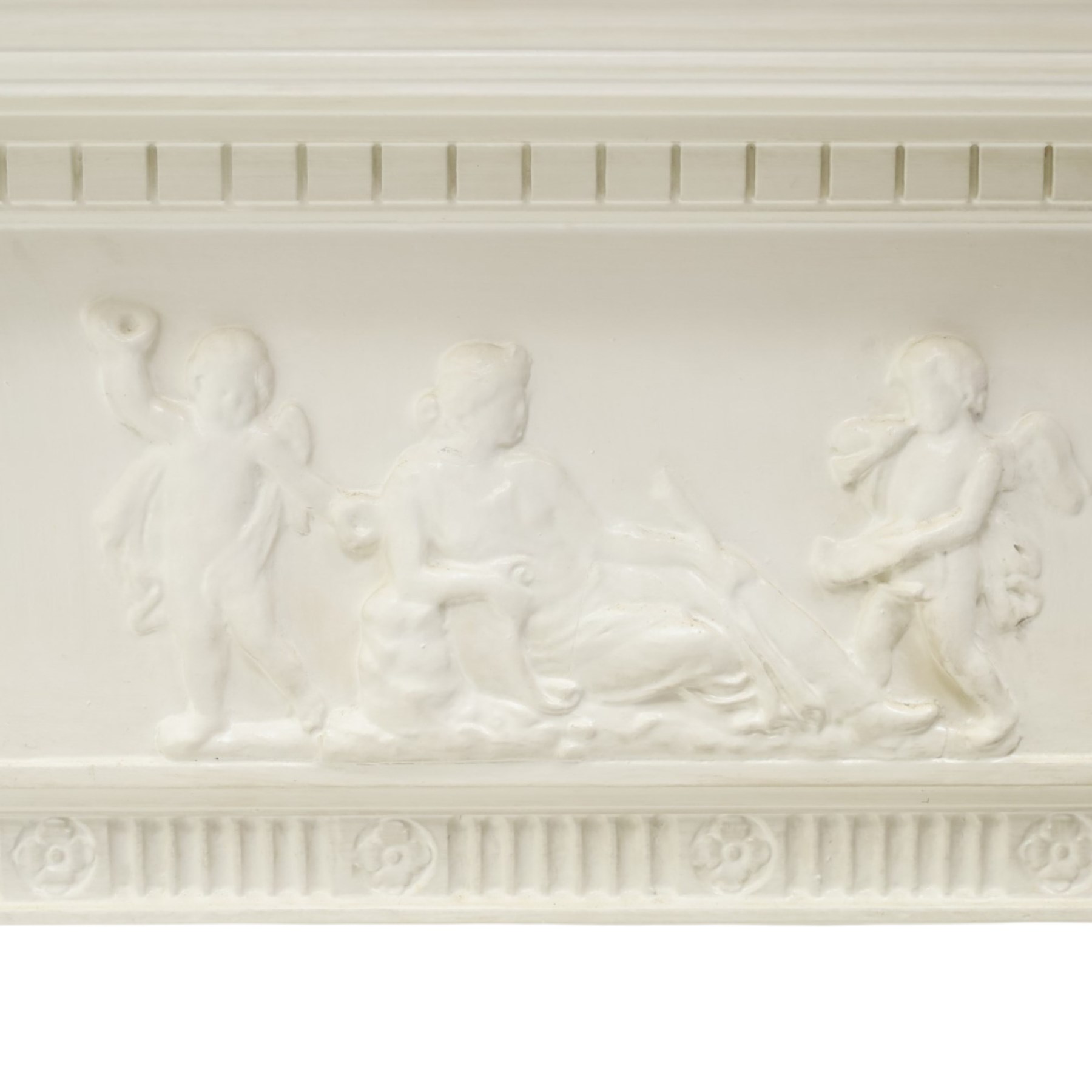 Large Adam's design white painted Neoclassical fire surround, the frieze moulded with goddess and cherubic motifs with bellflower festoons, egg-and-dart moulded inner slip flanked by Ionic capitals on classical columns