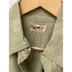 Mid 20th century Boy Scouts uniform, comprising corduroy shorts, further pair of shorts, two shirts, socks, and felt hat, together a framed collection of Ogden's 'Boy Scots' cigarette cards, and an unframed print of Lord Baden Powell. 