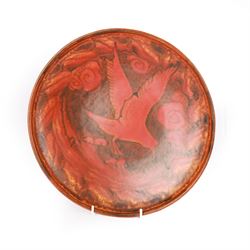 William Salter Mycock (1872-1950) for Pilkington's Royal Lancastrian, orange charger decorated with a bird in flight, D29cm