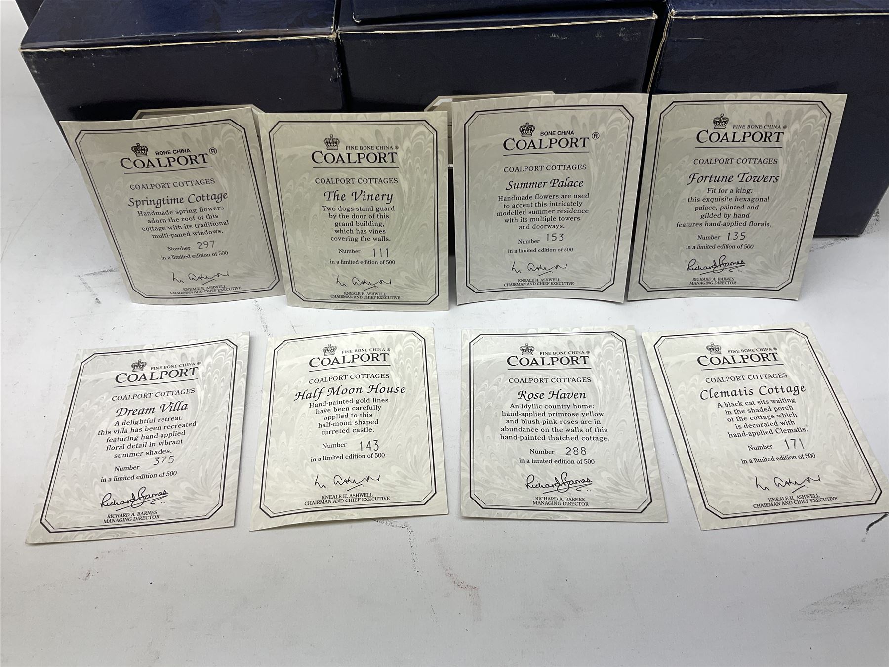 Twelve Coalport bone china pastille burner cottages, to include Fortune Towers, Summer Palace, The Vinery, Springtime Cottage, Dream Villa, Half Moon House, etc, all with original boxes and some with certificates 