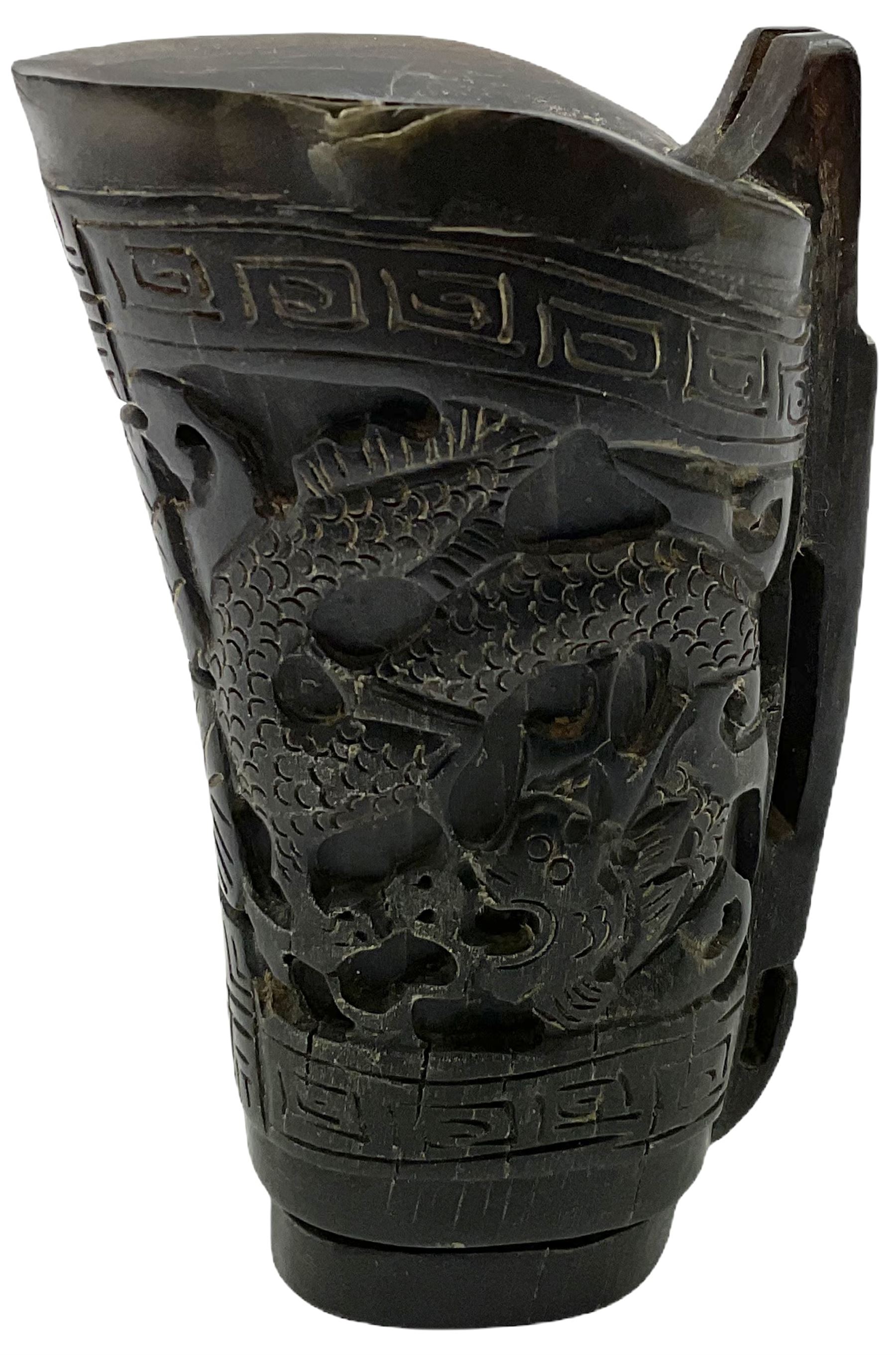 Chinese horn blood collection cup, carved with dragons and key fret border, H9.5cm
