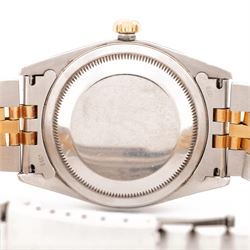 Rolex Oyster Perpetual Datejust gentleman's stainless steel and gold automatic wristwatch, circa 1991, Ref. 16233, serial No. X621666, blue dial with baton hour markers, on Rolex Jubilee stainless steel and gold bracelet, with fold-over clasp, boxed with papers