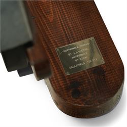 Wooden rocking horse, in Dapple Grey paint finish with reins and stirrups, on pine trestle base, metal plaque inscribed 'Hoppringle Horses by J. J.V. Eyre Hoppringle by Stow, Galashiels TD1 2TJ'