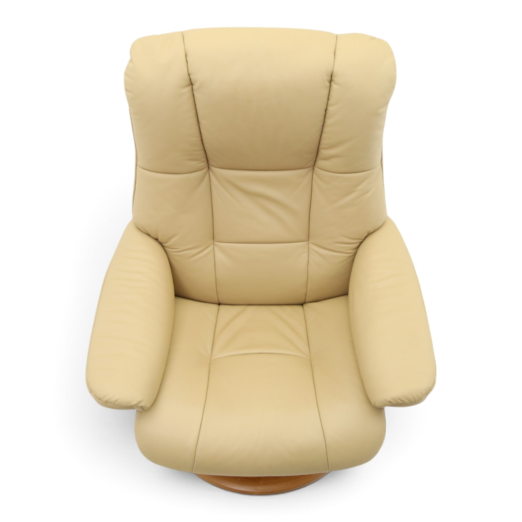 Ekornes Stressless - beech framed reclining swivel armchair with matching footstool, on U-shaped supports with circular bases, upholstered in beige leather
